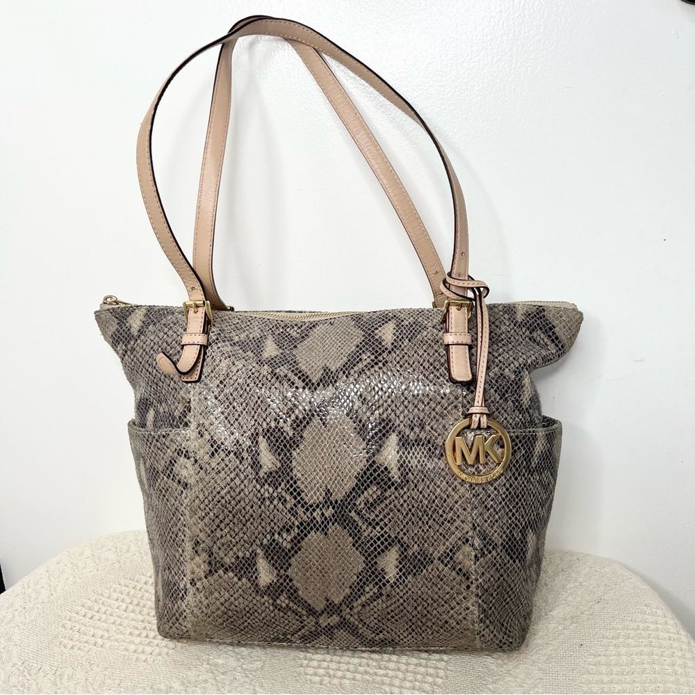 Michael Kors Snake Embossed Leather Jet Set Tote Shoulder Bag Grey
